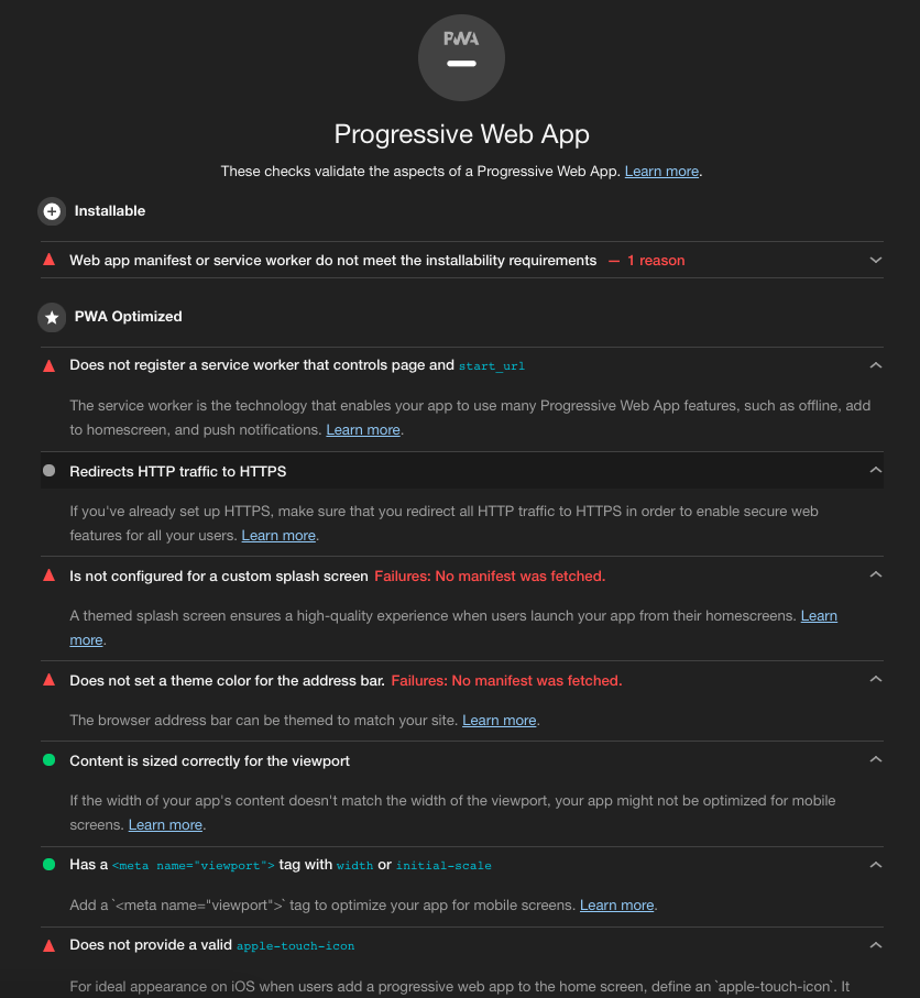 Lighthouse audit result.