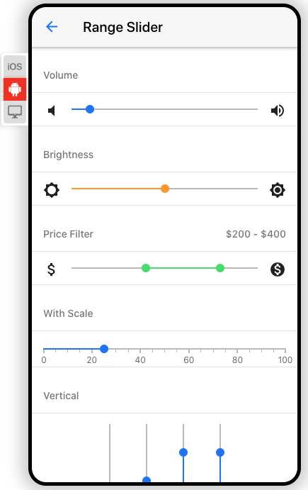 Framework7 skins: iOS (left), md (right).