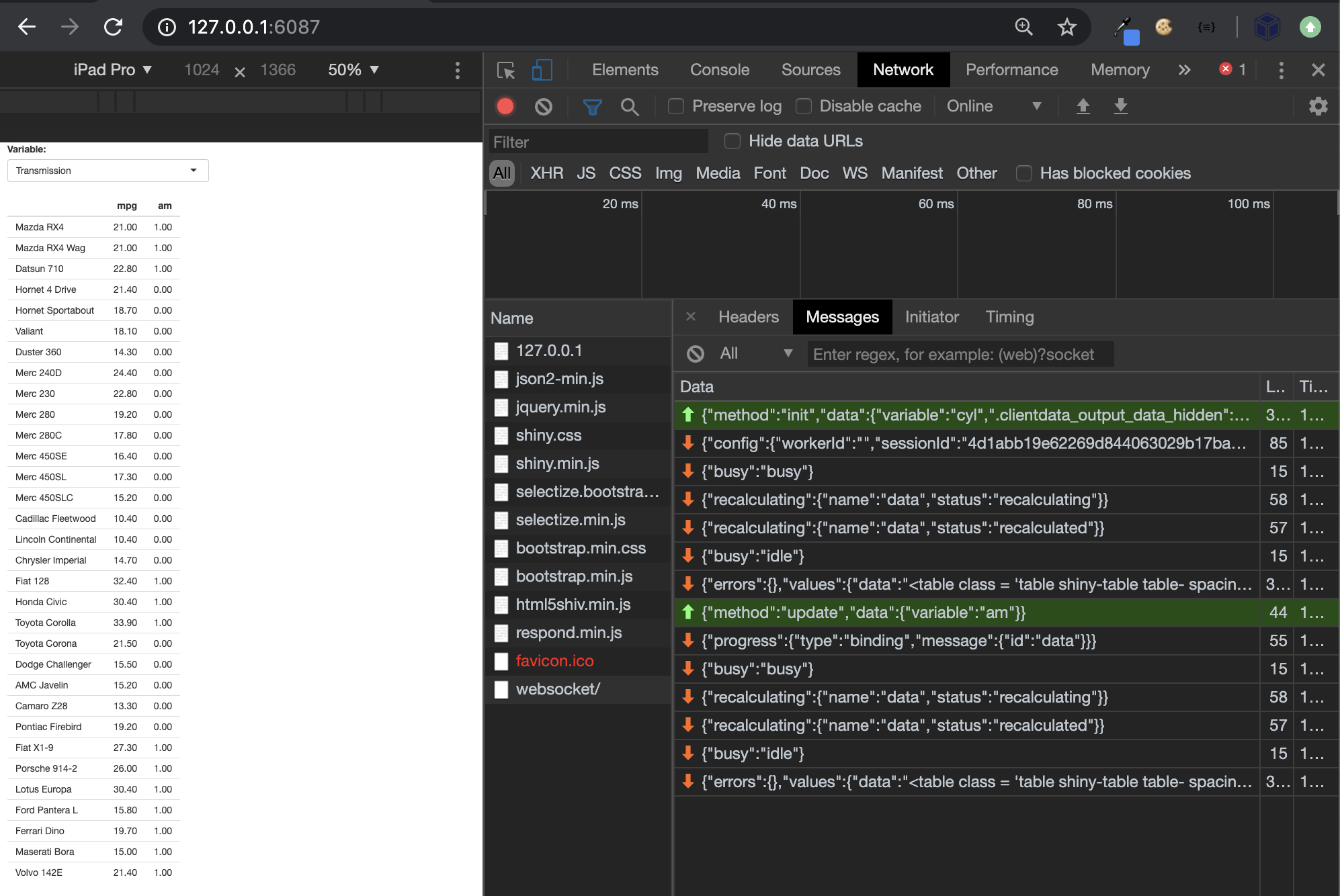 Inspect content exchanged in the websocket within a Shiny app.